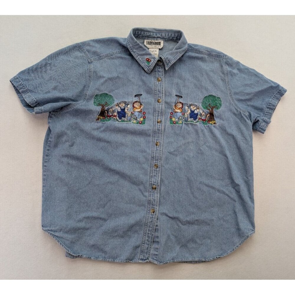 Lauren Brooke Women's Denim Top Size 22W Bear Embroidered Short Sleeve Cottage